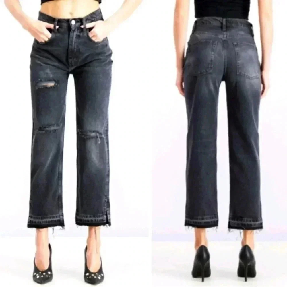 Free People Rugged Black Distressed Jeans Size 26